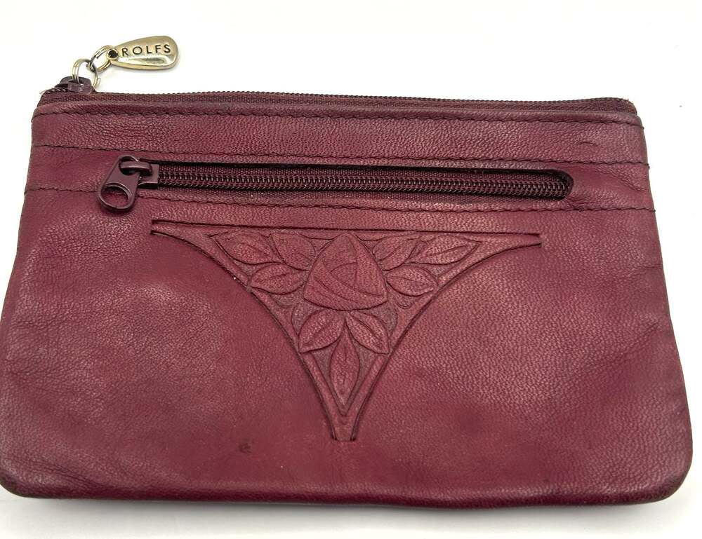 Vintage Rolfs Genuine Leather Coin Purse Card Holder Burgundy Floral Detail
